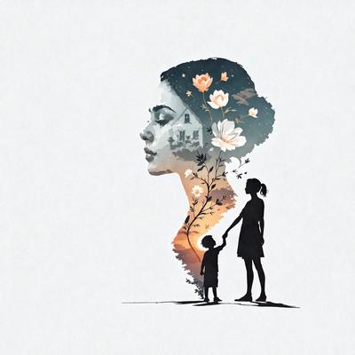 The primary subject of the image is a woman with a child. The woman is depicted as a silhouette, and the child is shown as a smaller figure. The setting is a beach, with the woman and child standing on the sand. The visual style is a combination of digital art and illustration, creating a unique and artistic representation of the scene. The colors and mood of the image are predominantly warm and inviting, with the beach setting and the silhouettes of the woman and child evoking a sense of